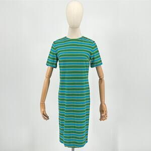 Vintage 60s Blue Green Striped Mod Preppy Short Sleeve Knit Midi Dress